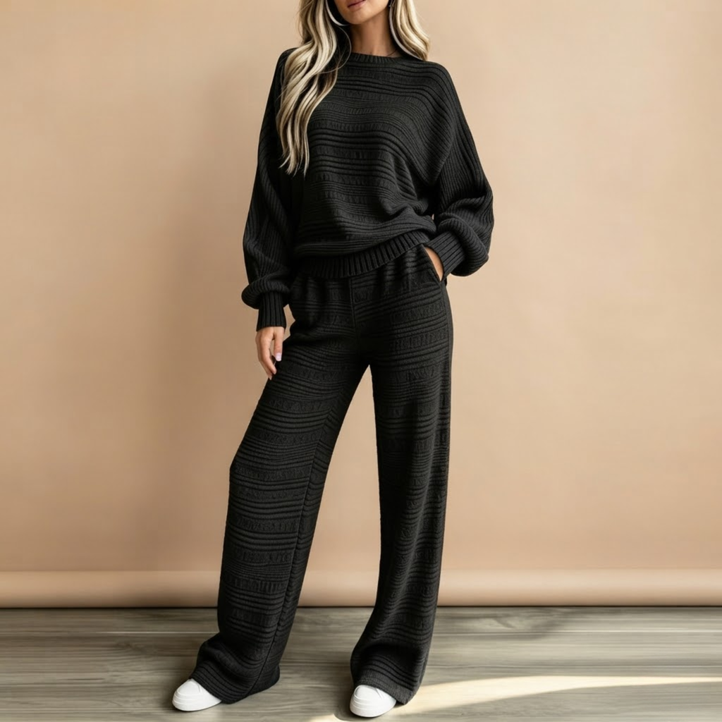 Front view of the Rosamund Two-Piece Set Striped Knit in Black, featuring a stylish striped pattern and relaxed matching design.