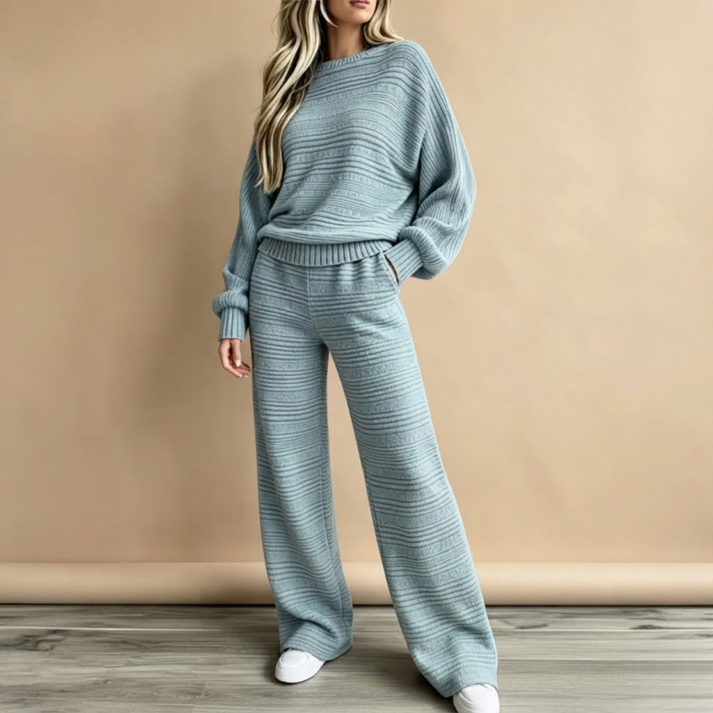 Front view of the Rosamund Two-Piece Set Striped Knit in Light Blue, featuring a stylish striped pattern and relaxed matching design.