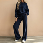 Front view of the Rosamund Two-Piece Set Striped Knit in Navy Blue, featuring a stylish striped pattern and relaxed matching design.