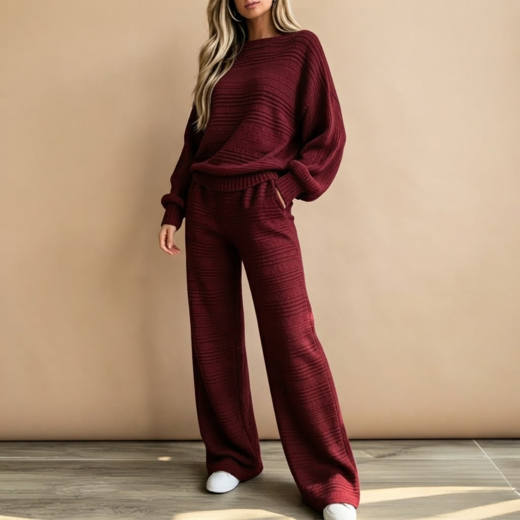 Front view of the Rosamund Two-Piece Set Striped Knit in Red, featuring a stylish striped pattern and relaxed matching design.