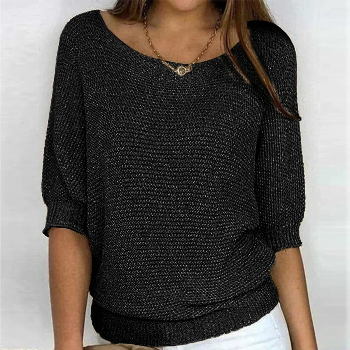 Rosemarie Chunky Knit Half-Sleeve Sweater, Black