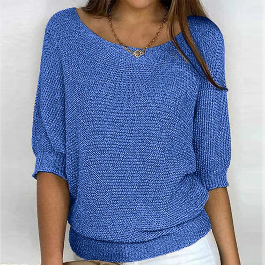 Rosemarie Chunky Knit Half-Sleeve Sweater, Blue