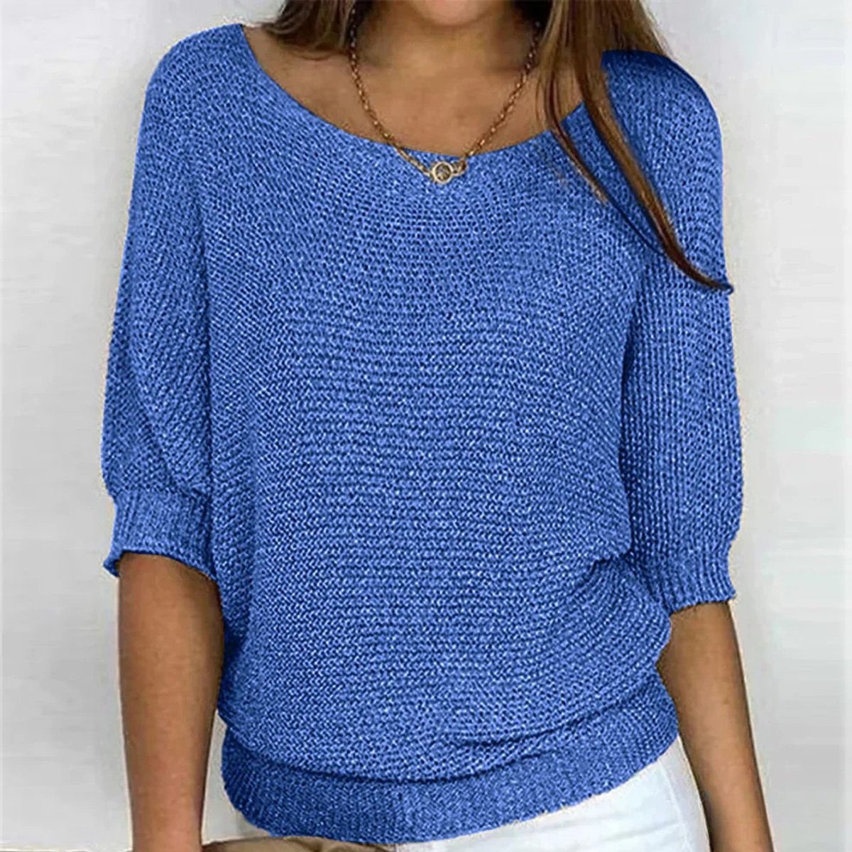 Rosemarie Chunky Knit Half-Sleeve Sweater, Blue