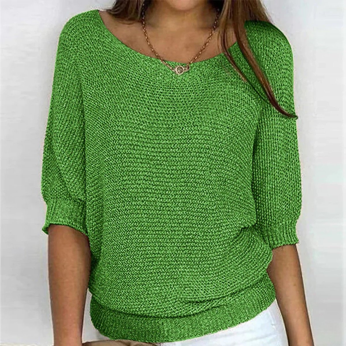 Rosemarie Chunky Knit Half-Sleeve Sweater, Green