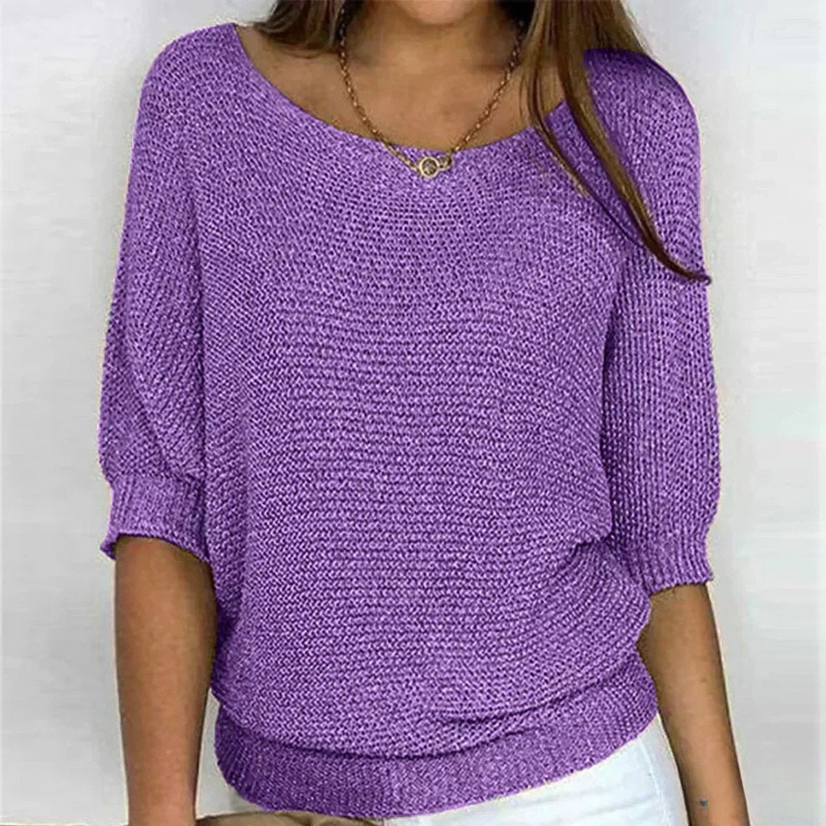 Rosemarie Chunky Knit Half-Sleeve Sweater, Purple