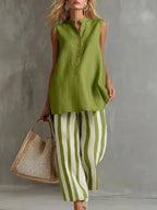 Rosetta striped button-front two-piece set, Green