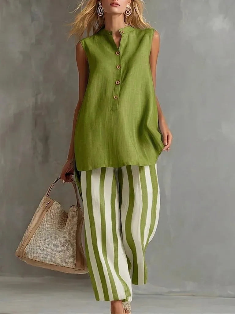 Rosetta striped button-front two-piece set, Green