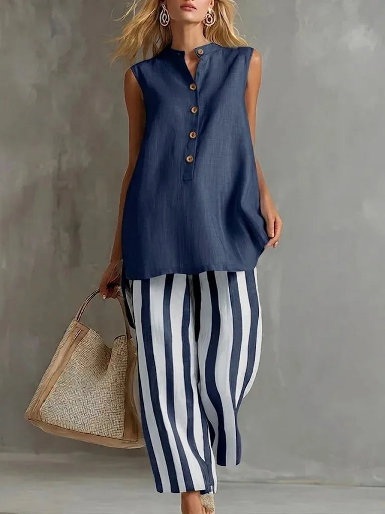 Rosetta striped button-front two-piece set, Navy Blue