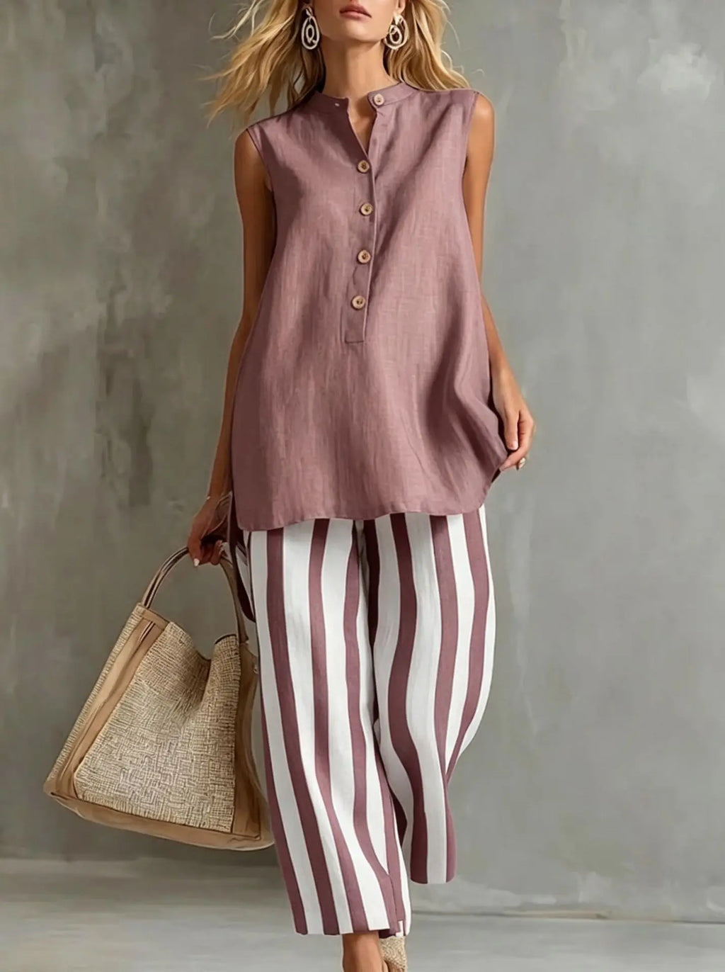 Rosetta striped button-front two-piece set, Pink