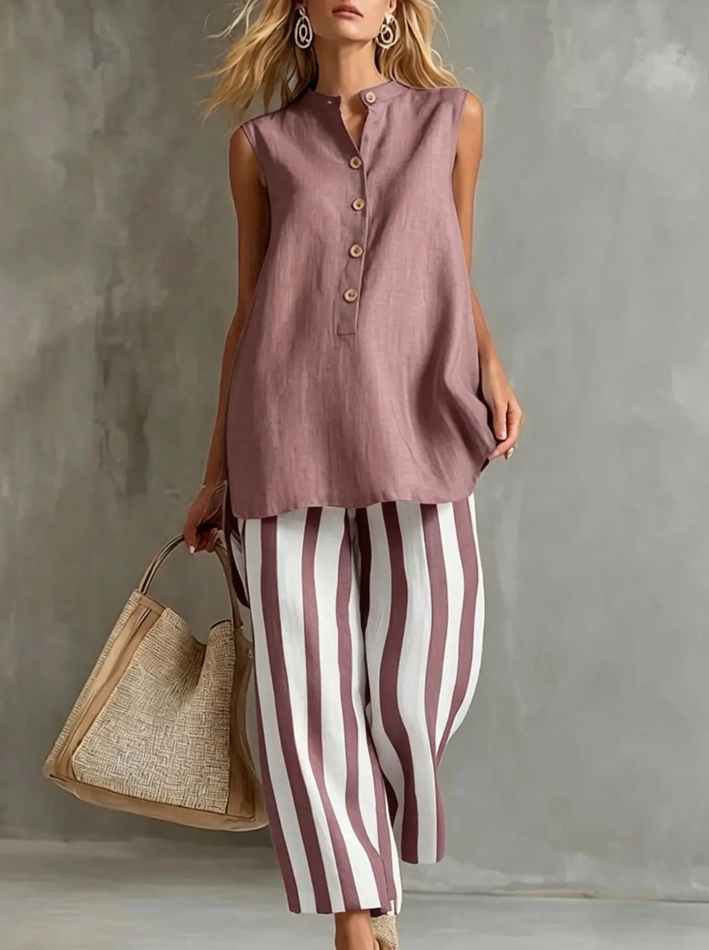 Rosetta striped button-front two-piece set, Pink
