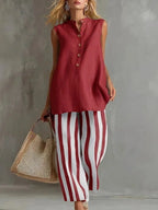 Rosetta striped button-front two-piece set, Red