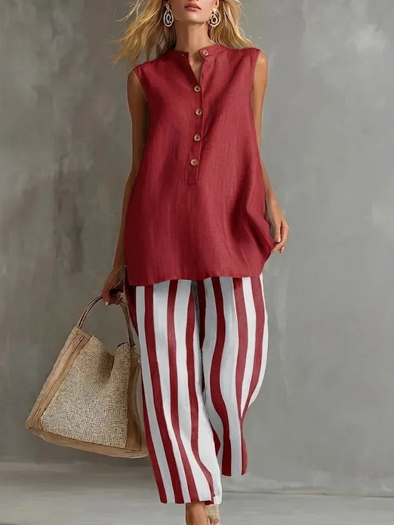 Rosetta striped button-front two-piece set, Red