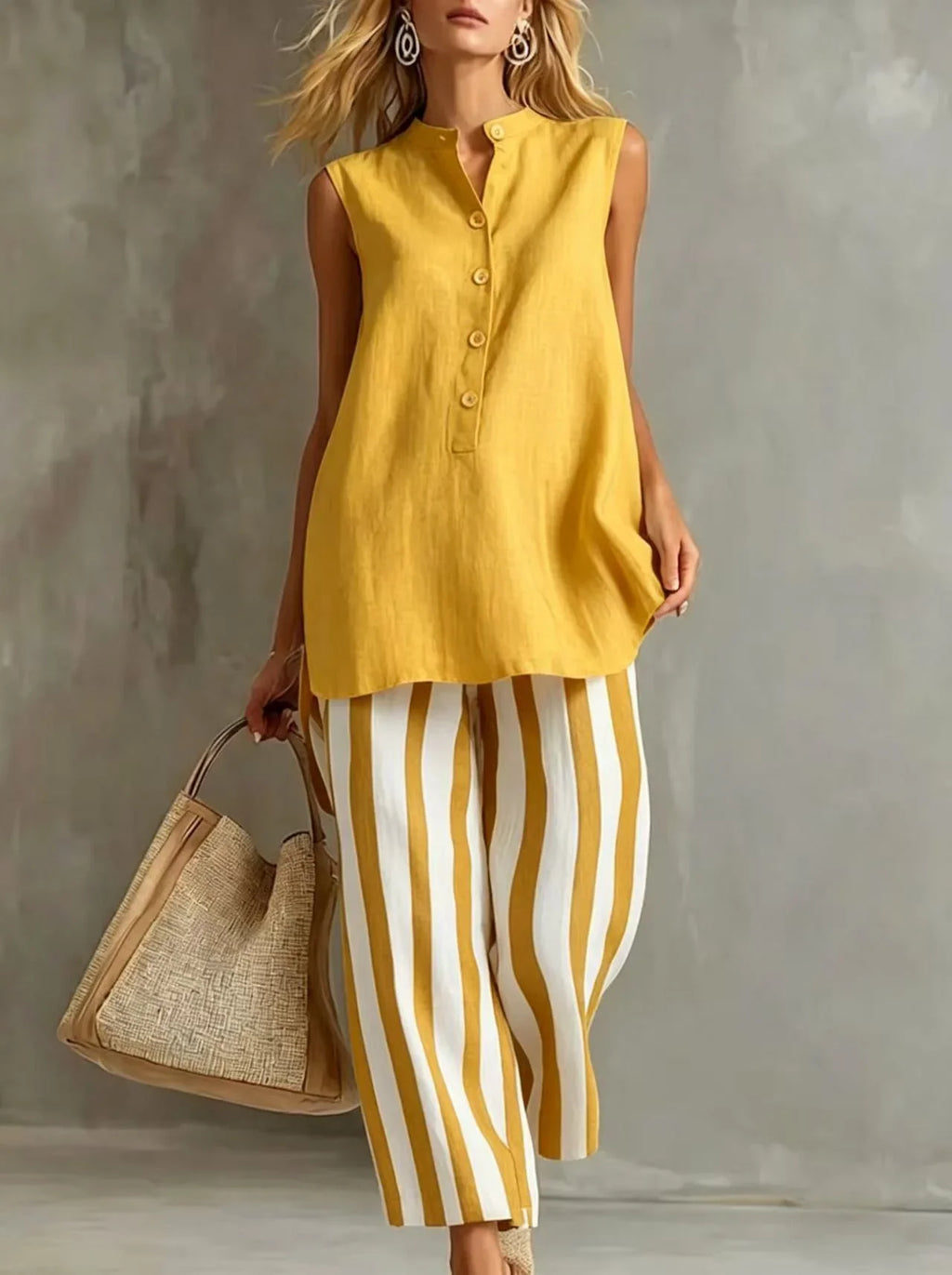 Rosetta striped button-front two-piece set, Yellow