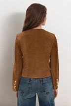 Rosette Brown suede jacket from the back, showing the seam details and gold cuff buttons.
