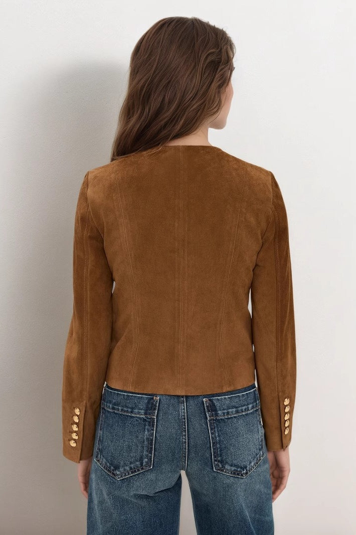 Rosette Brown suede jacket from the back, showing the seam details and gold cuff buttons.