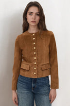 Rosette Brown suede jacket buttoned up the front with gold buttons and waist flap pockets.