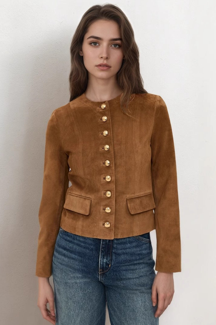 Rosette Brown suede jacket buttoned up the front with gold buttons and waist flap pockets.