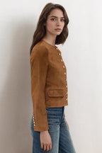 Rosette Brown suede jacket from the side, showing the button cuff detail and flap pocket.