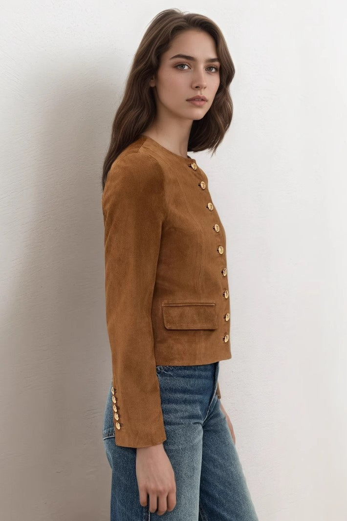 Rosette Brown suede jacket from the side, showing the button cuff detail and flap pocket.