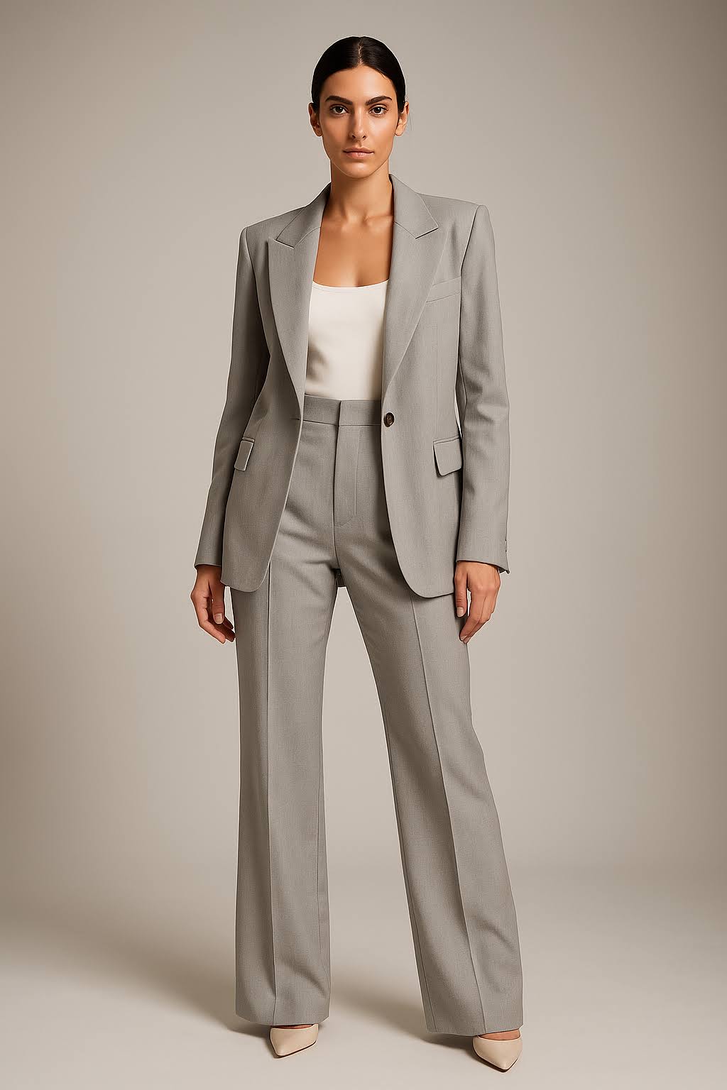 Rowena Gray blazer and wide-leg pants set with single-button front and flap pockets.