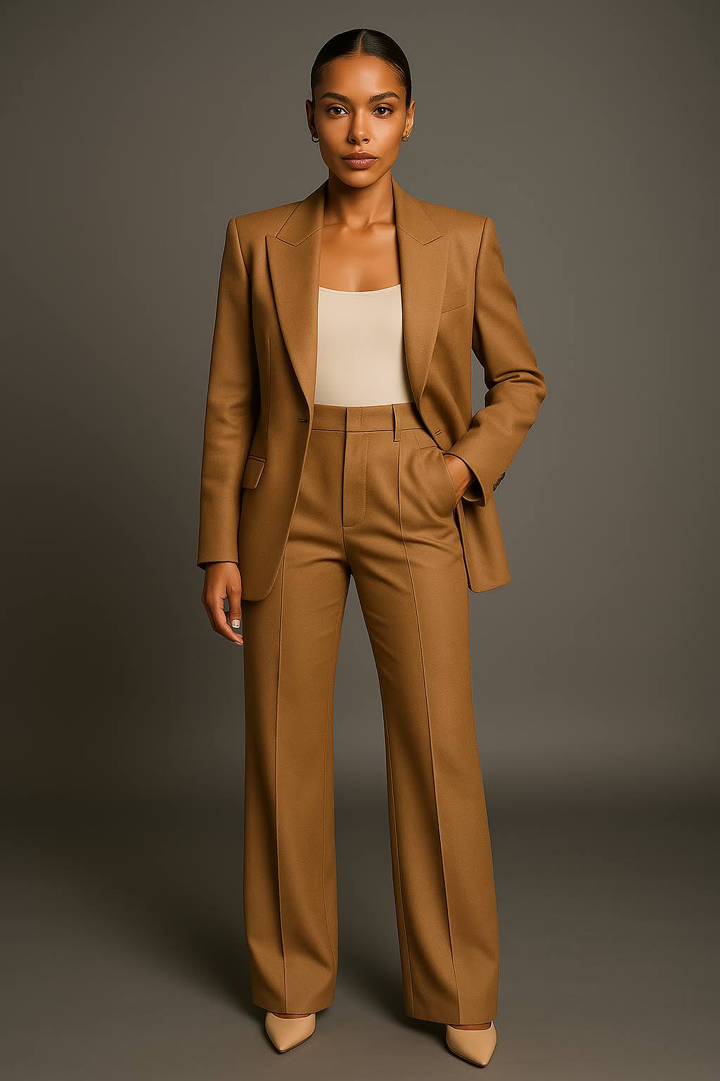 Rowena Khaki blazer and high-waisted wide-leg pants set styled with a cream top.