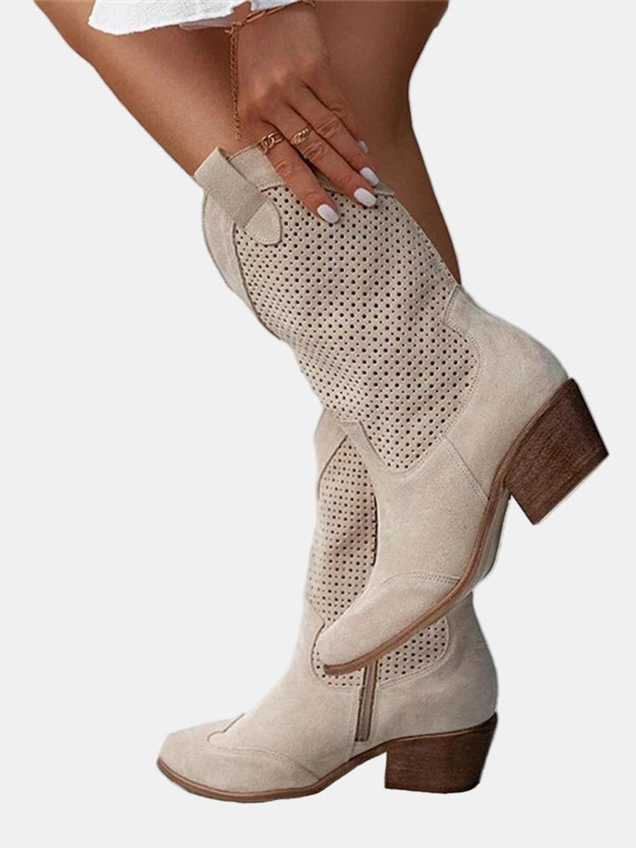 Roxana Perforated Faux Suede Block Heel Boots, Beige