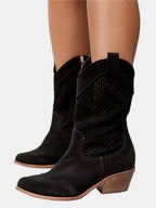 Roxana Perforated Faux Suede Block Heel Boots, Black