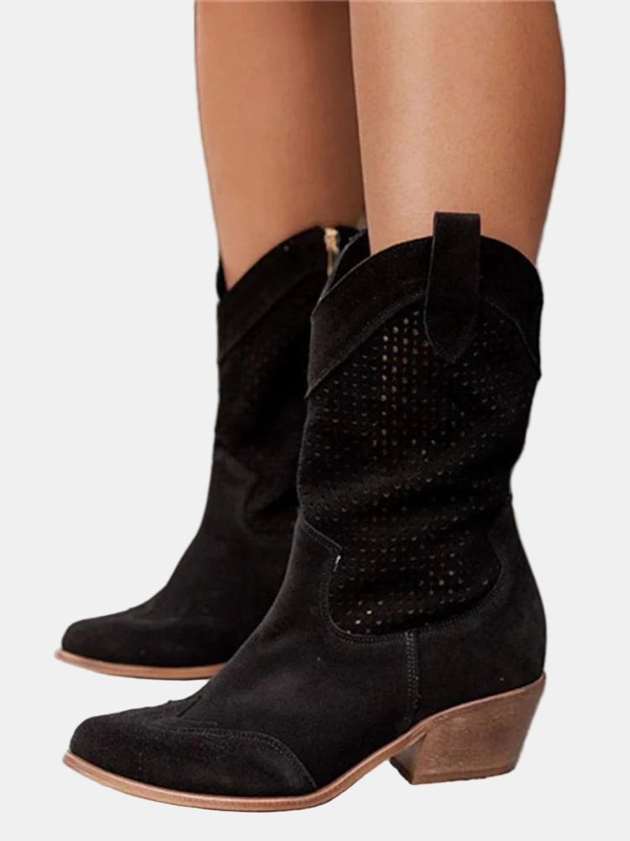 Roxana Perforated Faux Suede Block Heel Boots, Black