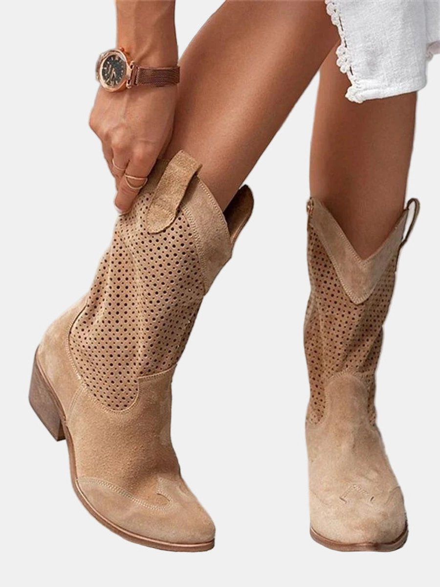 Roxana Perforated Faux Suede Block Heel Boots, Brown