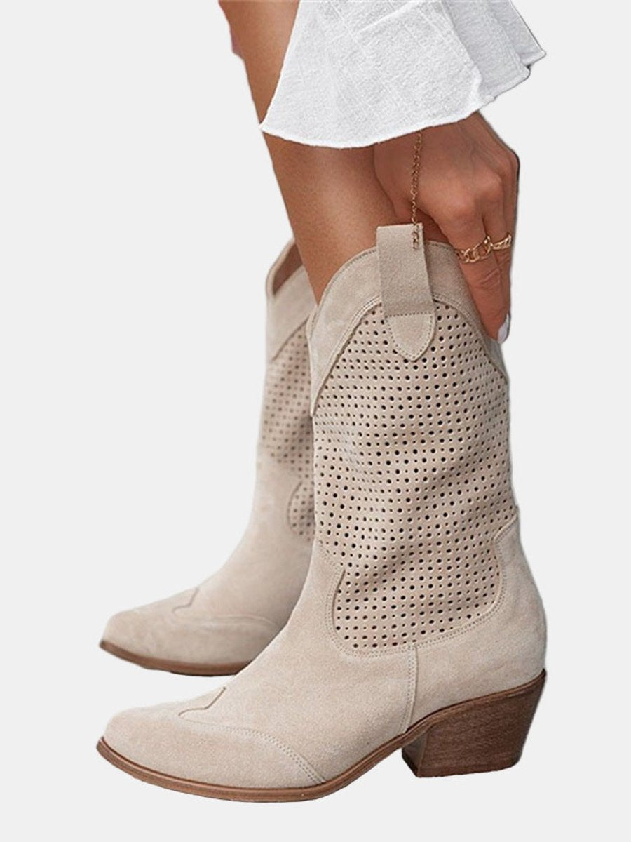 Roxana Perforated Faux Suede Block Heel Boots, detail view