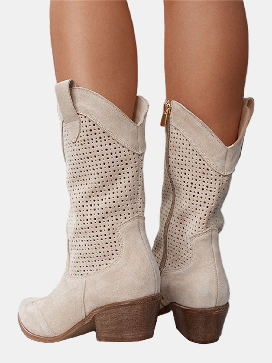 Roxana Perforated Faux Suede Block Heel Boots, side view