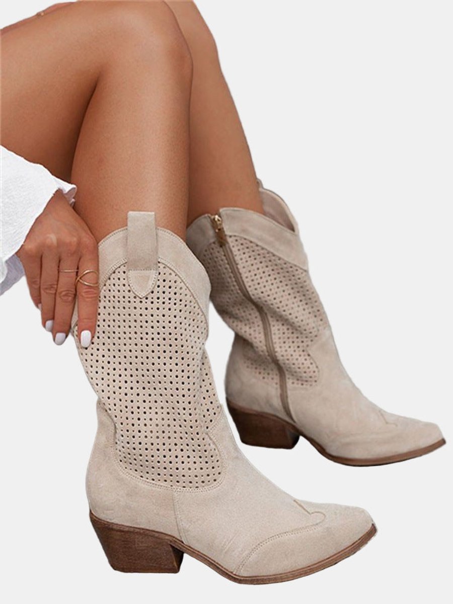 Roxana Perforated Faux Suede Block Heel Boots, sole view