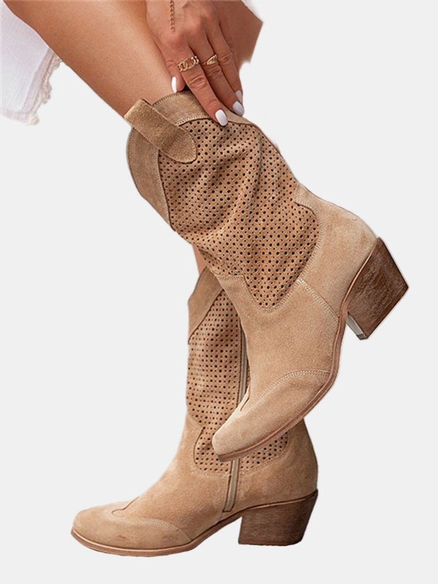 Roxana Perforated Faux Suede Block Heel Boots, styled view