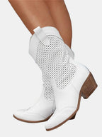 Roxana Perforated Faux Suede Block Heel Boots, White