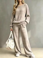 Ruby Beige two-piece knit loungewear set with textured ribbing, long-sleeve pullover, and wide-leg pants