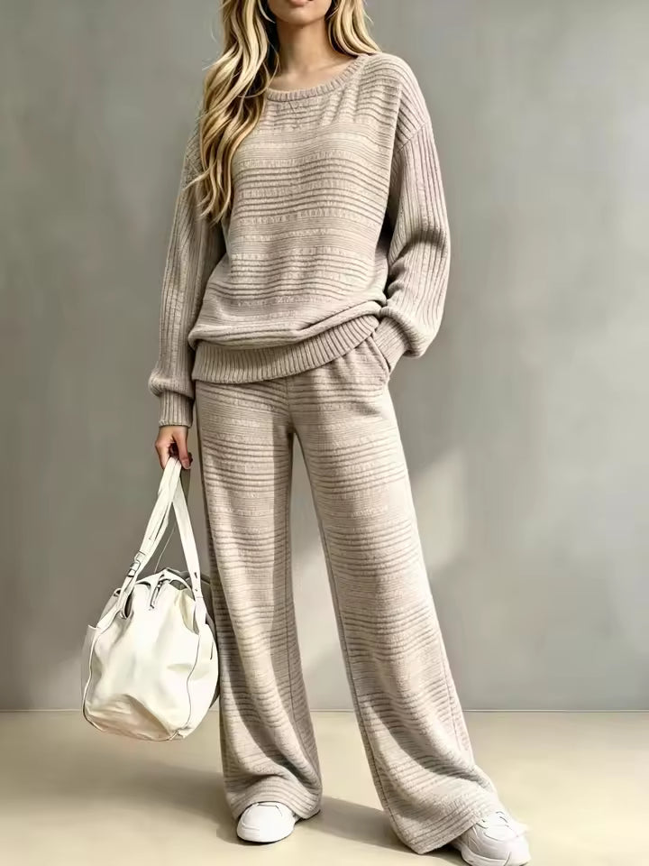 Ruby Beige two-piece knit loungewear set with textured ribbing, long-sleeve pullover, and wide-leg pants