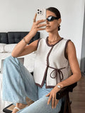Sophie Knit Sweater Vest Contrast Trim Side Tie Button Detail