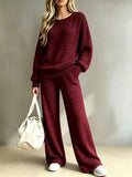 Ruby Red ribbed knit two-piece set with crewneck pullover, long sleeves, and matching wide-leg pants