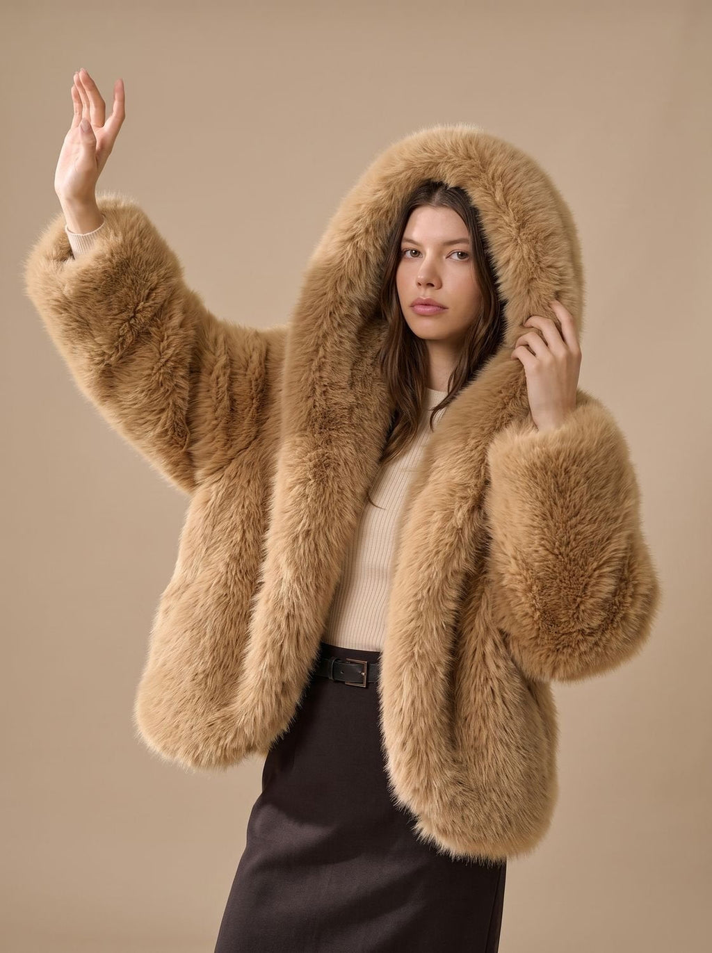 Sabrina Brown faux-fur jacket with an oversized hood, relaxed cropped fit, plush texture, and voluminous long sleeves