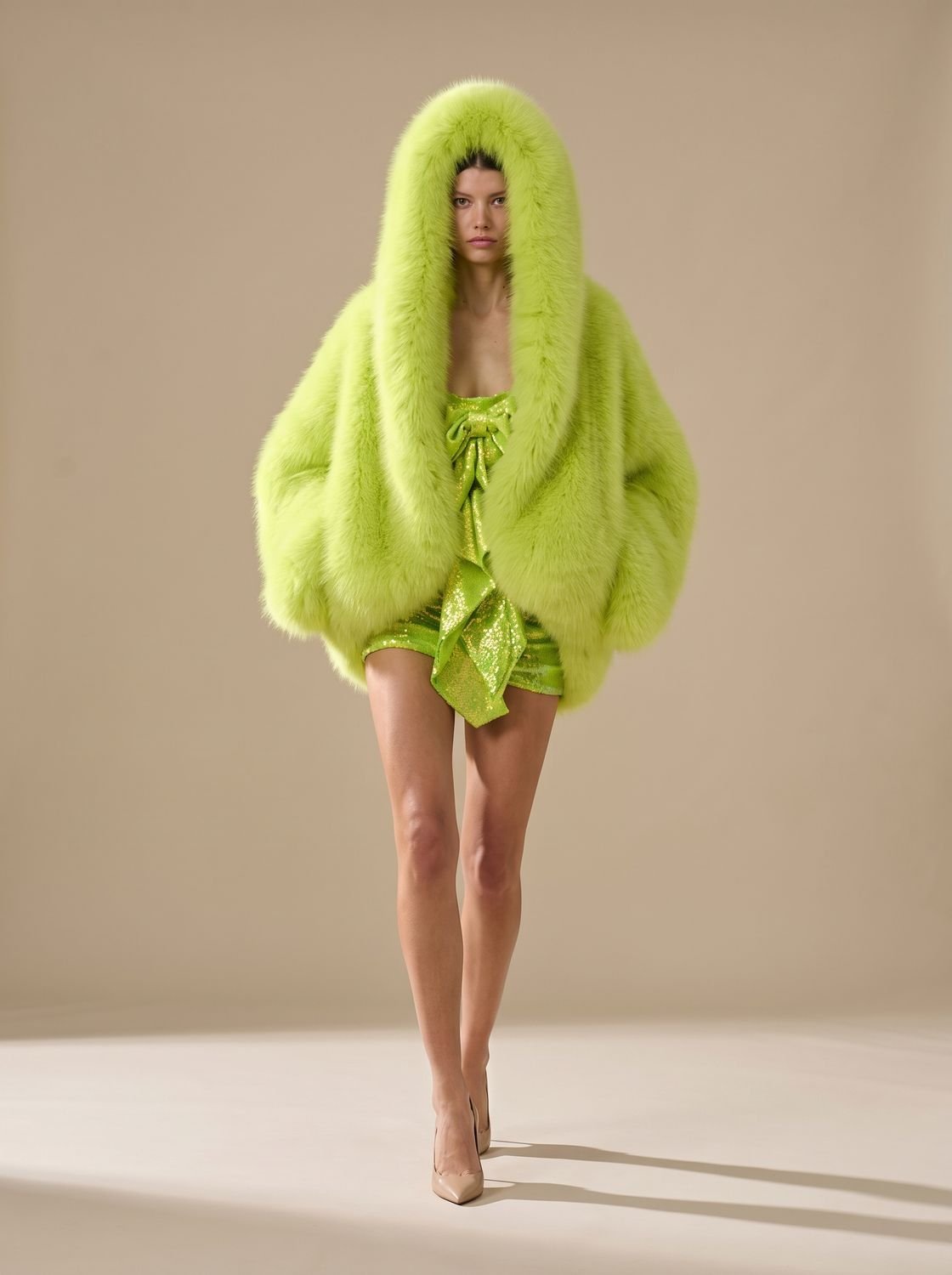 Sabrina Green faux-fur hooded jacket featuring a cropped silhouette, oversized hood, voluminous long sleeves, and plush textured finish