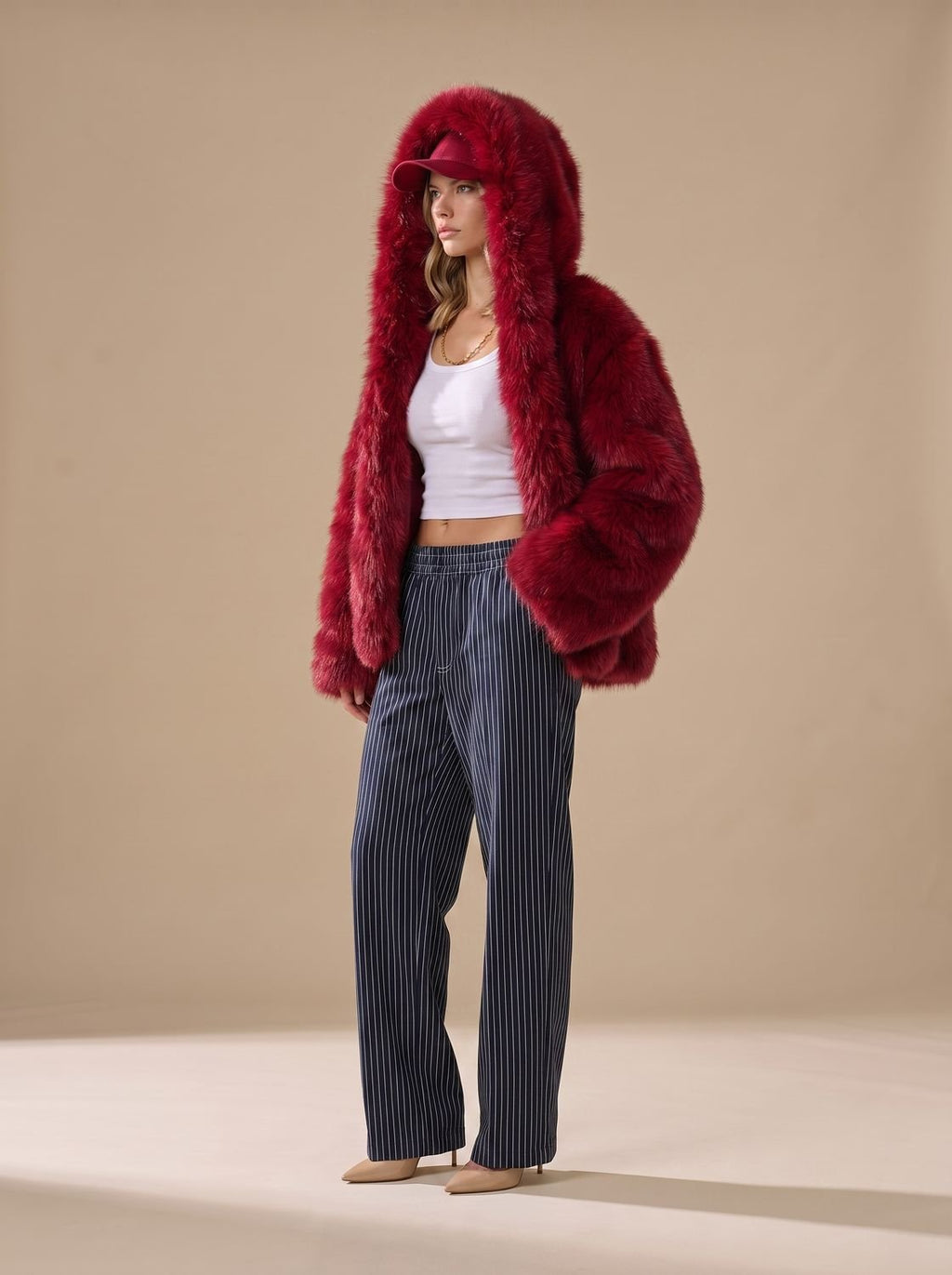 Sabrina Red faux-fur hooded jacket featuring a cropped fit, oversized hood, plush exterior, and relaxed long sleeves