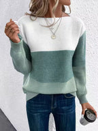 Sadie Green colorblock sweater with crew neckline, long sleeves, and ribbed cuffs