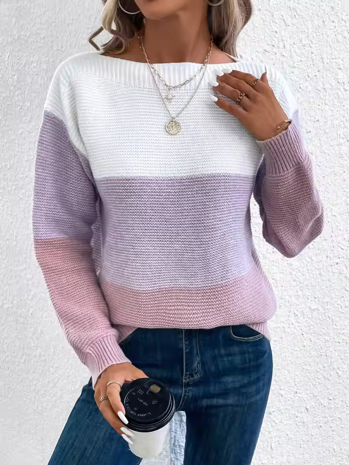 Sadie Purple colorblock sweater with ribbed knit texture, crew neckline, and long sleeves