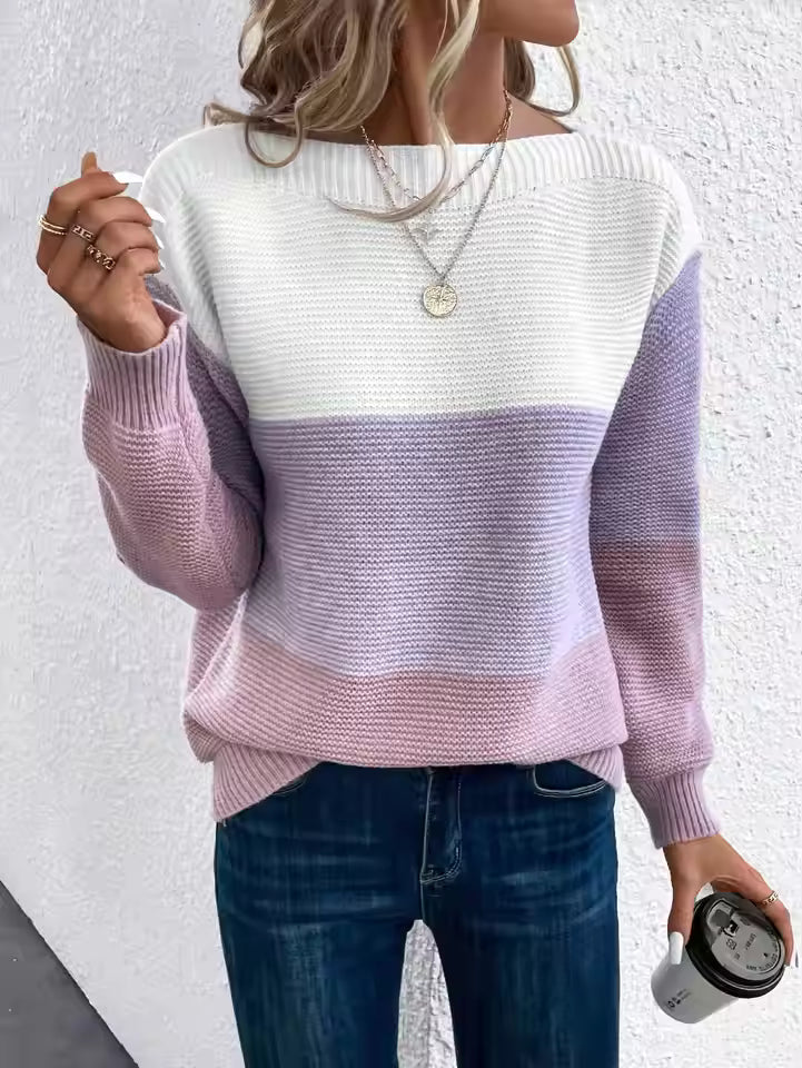 Sadie Purple ribbed colorblock sweater with relaxed fit and horizontal panels