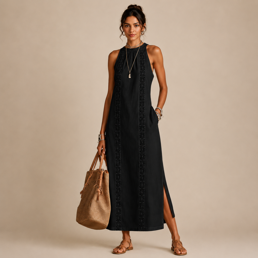 Saffia Lightweight Cotton-Linen Sleeveless Midi Dress in black featuring a sleeveless silhouette, high neckline, decorative lace panel detailing, side pockets, and relaxed midi-length design. Designed by Bella Hudson.
