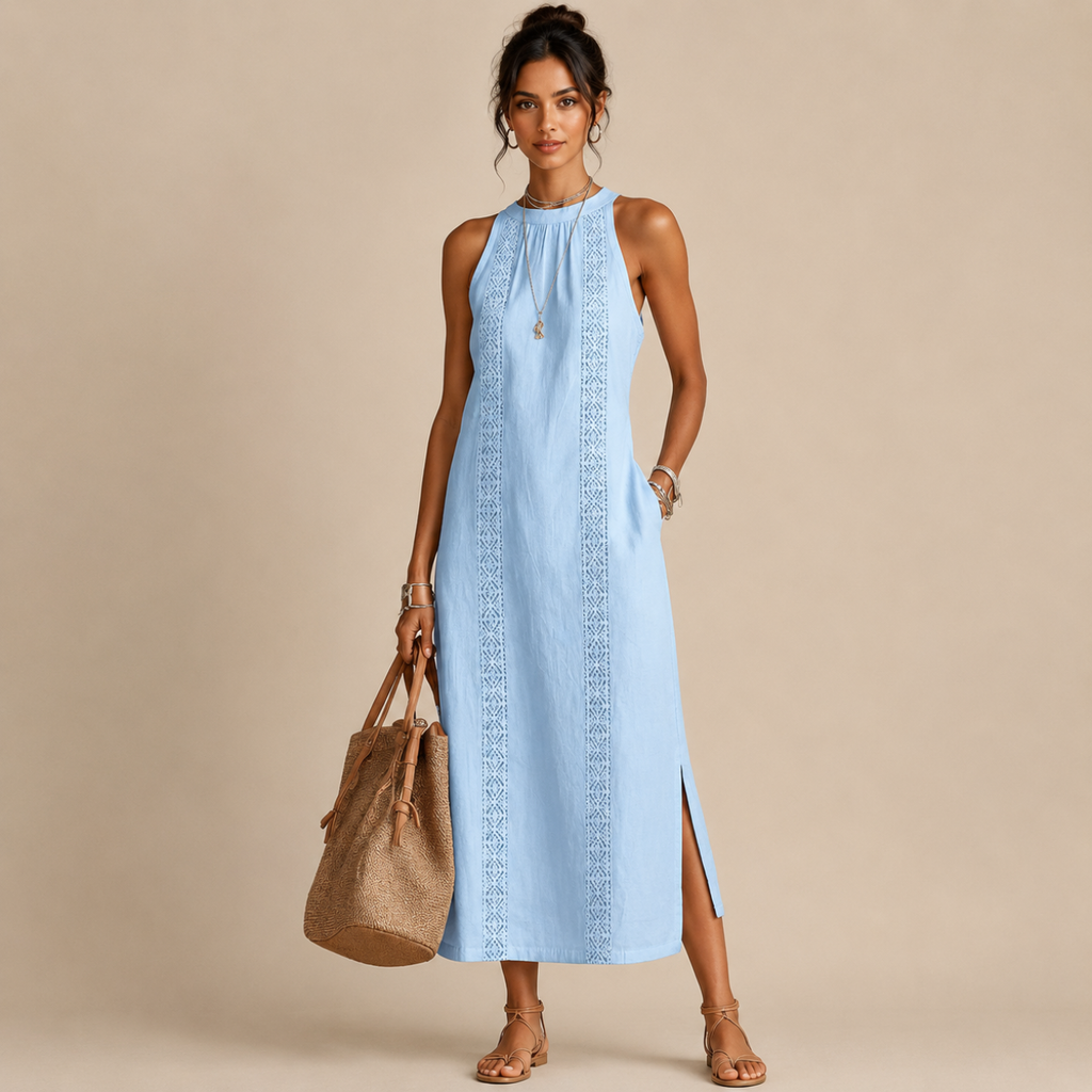 Saffia Lightweight Cotton-Linen Sleeveless Midi Dress in blue featuring a sleeveless silhouette, high neckline, decorative lace panel detailing, side pockets, and relaxed midi-length design. Designed by Bella Hudson.