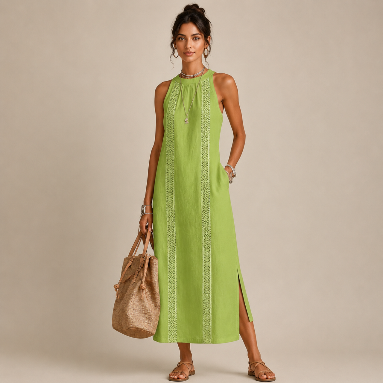 Saffia Lightweight Cotton-Linen Sleeveless Midi Dress in green featuring a sleeveless silhouette, high neckline, decorative lace panel detailing, side pockets, and relaxed midi-length design. Designed by Bella Hudson.