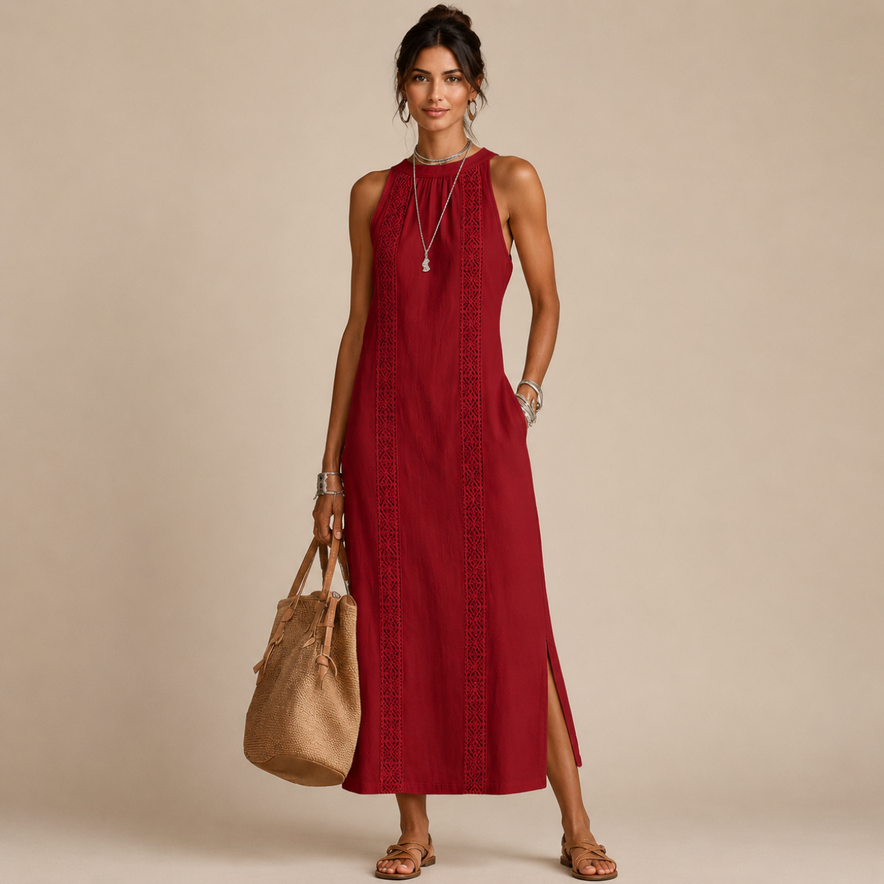 Saffia Lightweight Cotton-Linen Sleeveless Midi Dress in red featuring a sleeveless silhouette, high neckline, decorative lace panel detailing, side pockets, and relaxed midi-length design. Designed by Bella Hudson.