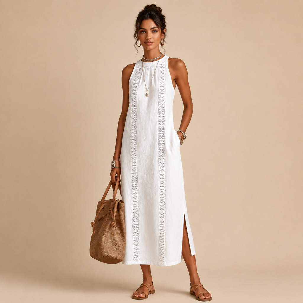 Saffia Lightweight Cotton-Linen Sleeveless Midi Dress in white featuring a sleeveless silhouette, high neckline, decorative lace panel detailing, side pockets, and relaxed midi-length design. Designed by Bella Hudson.