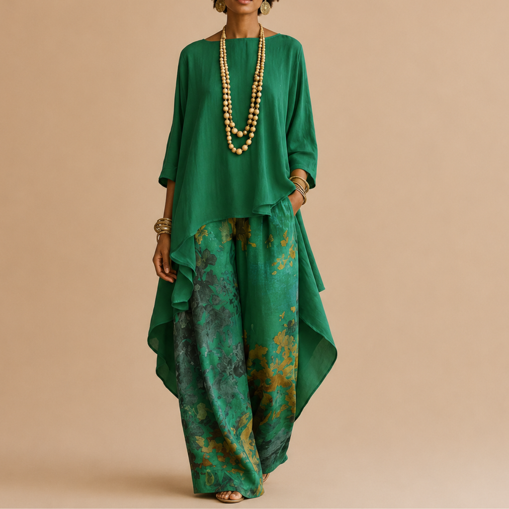 Saffron Boho Two-Piece Set Draped Floral-Print in green front view featuring an asymmetrical draped top and artistic floral-print wide-leg pants, designed by Bella Hudson.